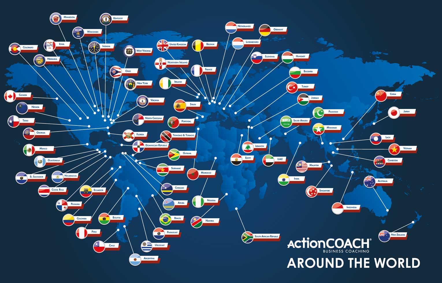 carte illustrant la présence d'ActionCOACH dans le monde